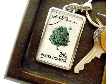 Great Maple Keyring made with upcycled postage stamp from 1994