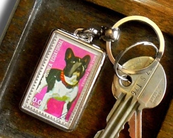 French Bulldog Keyring, upcycled 1977 postage stamp from Equatorial Guinea