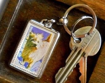 Cairn Terrier Keyring, upcycled 1977 postage stamp from Equatorial Guinea