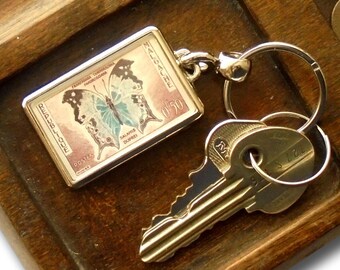 Vintage Butterfly Keyring, made with real 1960 postage stamp from Madagascar