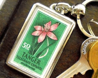Green & Pink Flower Keyring - upcycled 1957 charity stamp