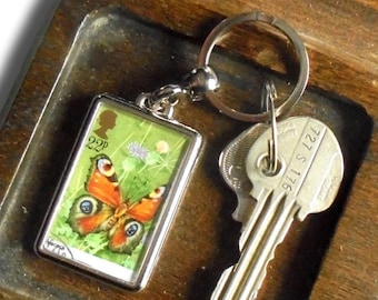 Peacock Butterfly Keyring - upcycled 1981 GB postage stamp
