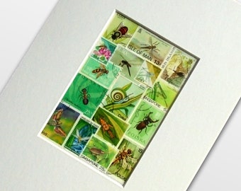 Bugs & Insects Artwork - Unframed Upcycled Postage Stamp Collage in Green