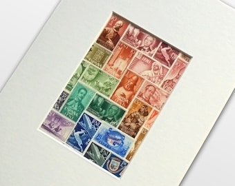 Herringbone Rainbow Postage Stamp Collage - Unframed with Mount, Ready to Frame