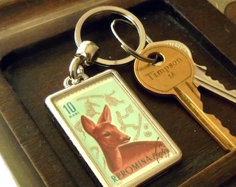 Retro Roe Deer Keyring - upcycled 1961 Romania postage stamp