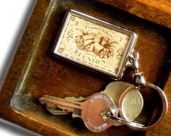 Antique Stamp Keyring - Upcycled 1943 vintage postage stamp from Reunion