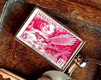Long Tailed Ground Roller Keyring, made with real 1954 postage stamp from Madagascar