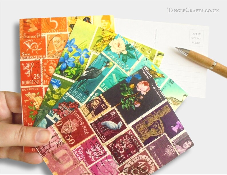 Stamp Art Landscape Postcards, Set of 8 birds flowers butterflies, postage stamp print sunny whimsical travel theme postcrossing cards 24 x Mixed Tonal