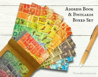 Boxed Address Book & Postcard Set - Landscape Mix, postage stamp art