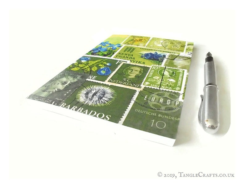 A5 Address Book inc Birthday Book Green Postage Stamp Print A-Z Index Book, Date Planner Tonal Green Ombre Boho Postal Art Office Gift image 3