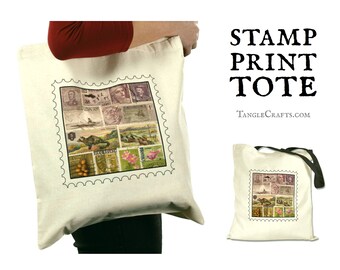 Moody Landscape Tote Bag - postage stamp art | Abstract collage print, natural cotton reusable shopper | Quirky eclectic postal ephemera UK