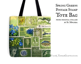 Green Print Tote Bag, Eclectic Postal Stamp Collage Print | Tonal Moss Green Gradient, long handle fabric market bag, postage stamp art gift