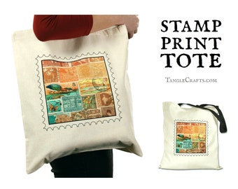 Sunset Landscape Tote Bag - postage stamp print | Eclectic bird lover bag for life | Natural cotton long handle shopper for stamp collector