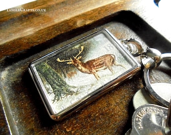 Winter Stag Keyring, upcycled postal stamp keychain | Snowy landscape woodland wildlife | Unique forest animal keyfob, 1992 birthday gift UK