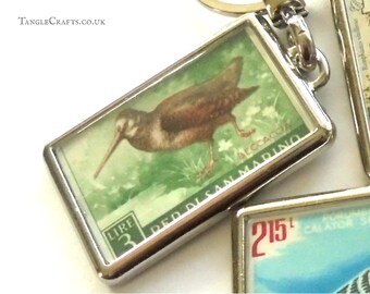 Woodcock Keyring - upcycled vintage 1960 San Marino postage stamp