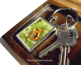 Tortoiseshell Butterfly Keyring - upcycled 1981 GB postage stamp