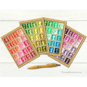 Carnet de timbres britanniques colorés, choix de couleurs • Tête de reine classique, tampons Machin recyclés, dégradé diagonal ton sur ton • Cadeau boîte aux lettres britannique