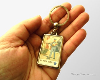 Mailman Keychain - retro illustration from real vintage postal stamp | 1973 keyring for penpal, letter writer, mail carrier, postal clerk