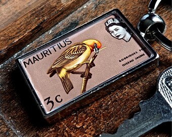 Rodrigues Fody Keyring - upcycled 1965 Mauritius postage stamp