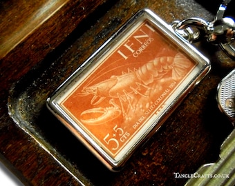 Lobster Keyring - upcycled 1954 postage stamp from Ifni