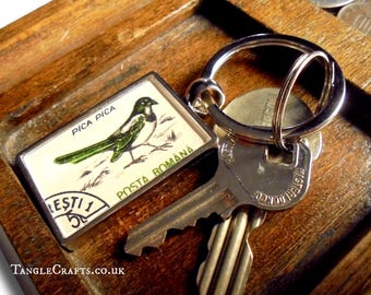 Retro Magpie Keyring made with vintage postage stamp from Romania, 1993