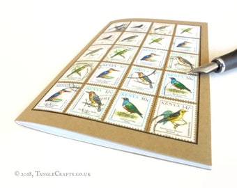 Bird Watcher Notebook, Kenya Travel Journal | Bird Lover Gift, Twitcher, Bird Spotter | Upcycled Vintage Postage Stamps, A6 Kraft Notebook