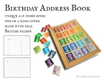 Rainbow address book, upcycled British stamp cover • retro office gift for letter writer • bright quirky stationery, A-Z book & notebook set