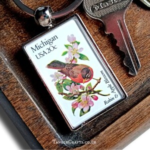 May include: A rectangular keyring featuring a vintage-style postage stamp design with a robin perched on an apple blossom branch. The text reads Michigan USA 20c and Robin & Apple Blossom. The keyring has a silver-toned metal frame and a split ring.