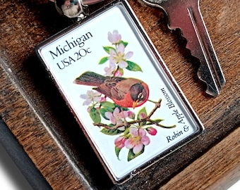 American Robin & Apple Blossom Keychain, Michigan Statehood - real vintage 1982 USA postage stamp