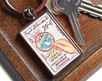 Stamp Collector Keyring - real 1961 postage stamp from Tunisia