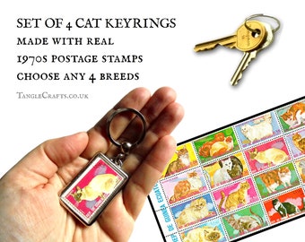 Set of 4 Cat Keychains - choose any mix of breeds, upcycled postage stamp keyring