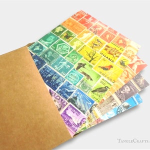 Stamp Art Landscape Postcards, Set of 8 birds flowers butterflies, postage stamp print sunny whimsical travel theme postcrossing cards 8 x Rainbow