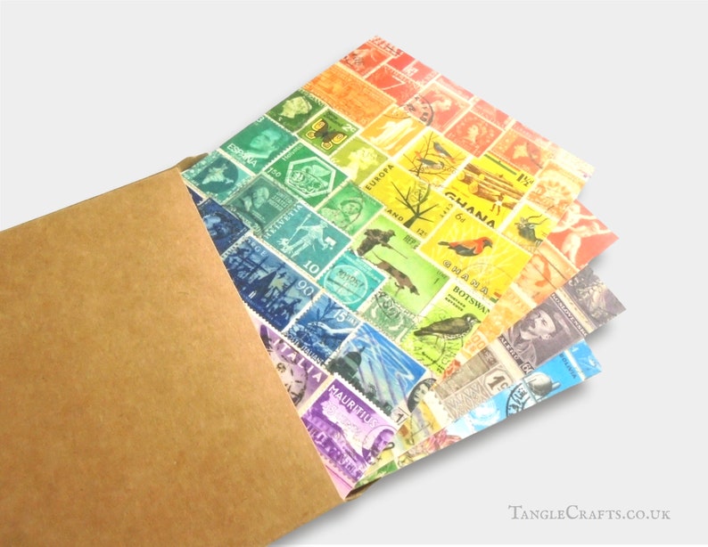 Stamp Art Landscape Postcards, Set of 8 birds flowers butterflies, postage stamp print sunny whimsical travel theme postcrossing cards 8 x Rainbow