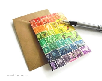 Rainbow Stamp Art Notecard, Single or Set - Postage Stamp Card, blank inside