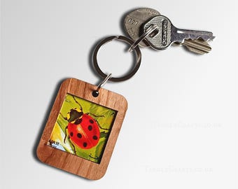 Ladybird Keyring (wooden) - upcycled 1972 postage stamp from Sharjah