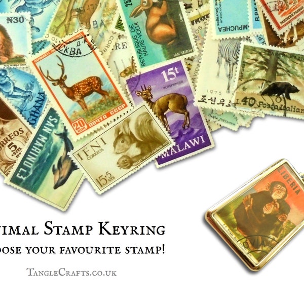 Wildlife Keyring, real upcycled postage stamp | wild animal postal stamp keychain | OOAK wild animal lover gift, woodland stocking filler uk