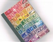 Upcycled Rainbow Postage Stamp Notebook, Medium Lined Travel Journal -  A5 Recycled Rainbow Spiritual Art Collage  - OOAK, spectrum colours