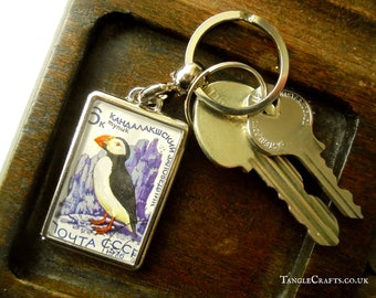 Puffin Keychain - upcycled 1976 vintage postage stamp