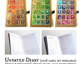 Rainbow Postage Stamps Undated Diary with optional 2026 label set