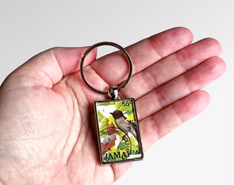 Jamaican Becard Keychain - recycled 1986 Jamaica postage stamp