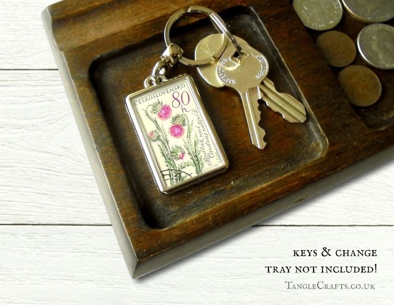 Flowers & Medicinal Plants Keyring choice of vintage botanical designs Floral postage stamp keychain campanula cornflower gentian iris 1964 Nodding Thistle