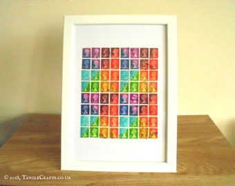 Multicolor Geometric Wall Art | Framed Rainbow Stamp Art | Retro British Recycled Stamps | Upcycled Shelf Art Office Decor LGBT rainbow gift