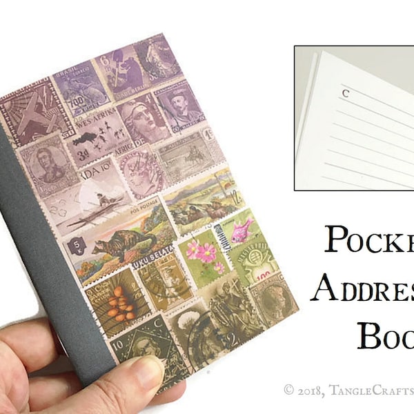 Pocket Address Book, Postage Stamp Print A-Z Index Book | Includes birthday planner | Stocking Filler, Office Gift for Penpal, Letter Writer