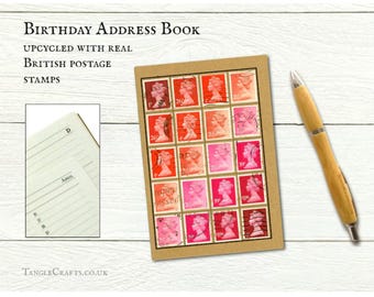 Red Pink Address Book + Notebook, Upcycled British Postage Stamps
