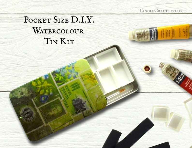 Pocket size DIY Palette for watercolours, turquoise teal empty tin with slide top lid portable shallow tin box for plein air painting Spring Greens