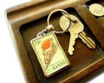 Shell Keyring made with upcycled 1971 postage stamp from Kenya