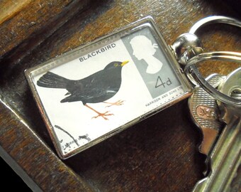 Blackbird Keyring, made using real stamp from 1966 GB British Birds Series