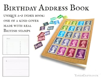 Pebble birthday address book • Machin stamp cover A-Z notebook
