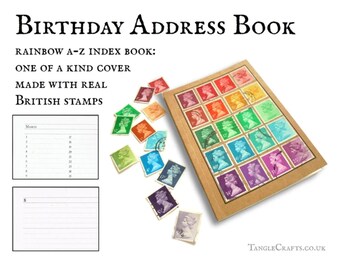 Rainbow birthday address book • unique British gift, postage stamp art •  pocket size A-Z index & notebook set, eco friendly gift for penpal