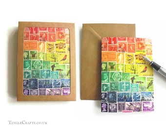 Rainbow Stamp Art Notecard Set, 4 or 8 - Colourful Postage Stamp Note Cards